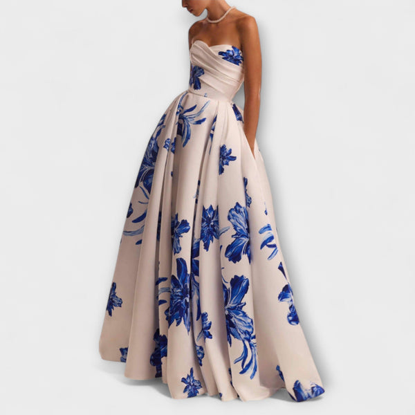 Rosalie – Elegantes schulterfreies Maxikleid mit Blumenmuster