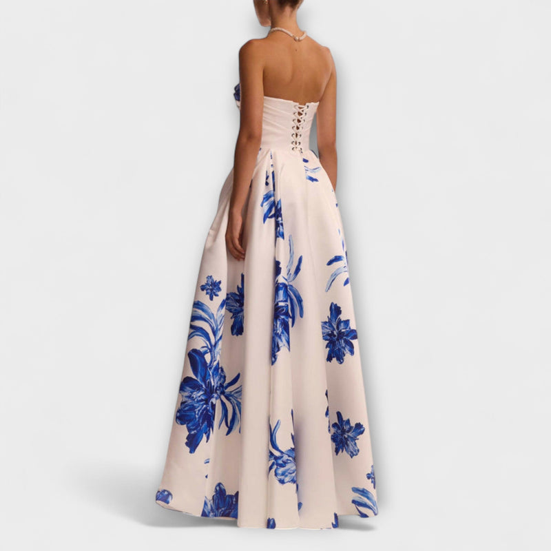 Rosalie – Elegantes schulterfreies Maxikleid mit Blumenmuster