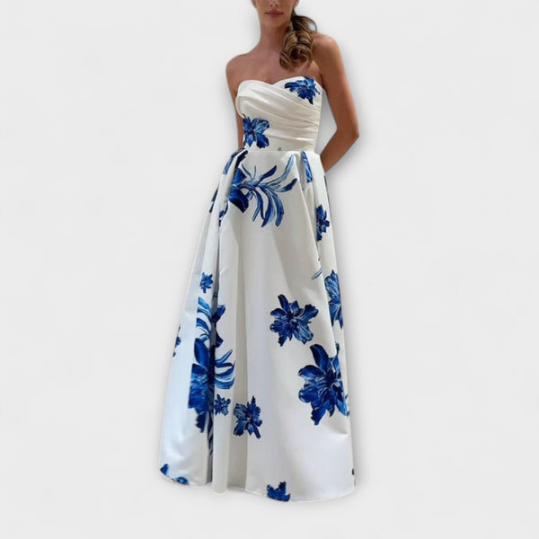 Rosalie – Elegantes schulterfreies Maxikleid mit Blumenmuster