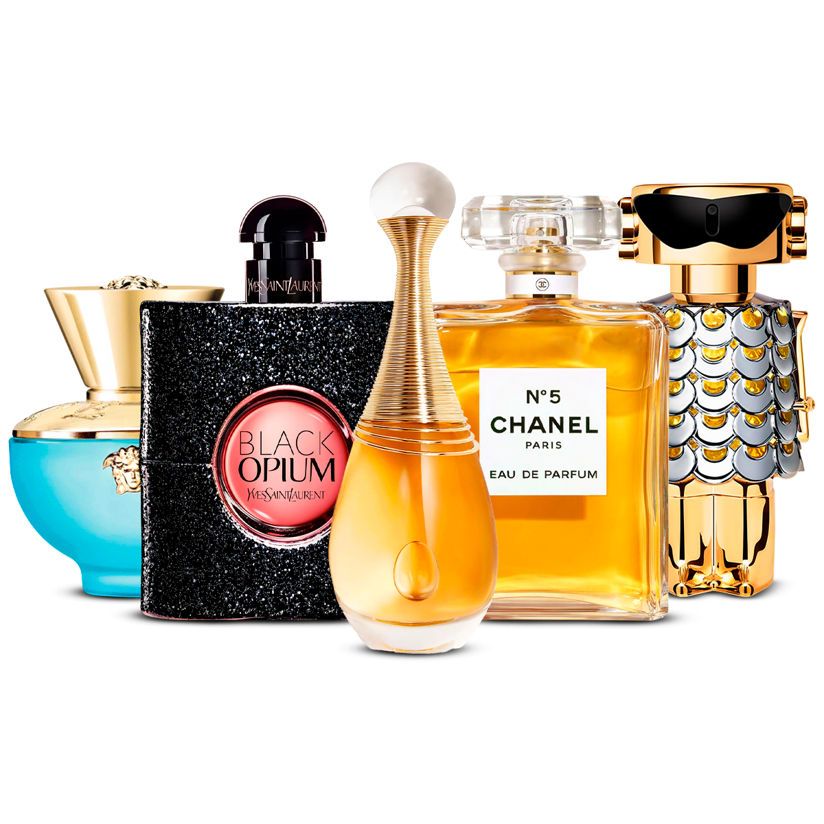 5 Women’s Fragrances – Versace Dylan Turquoise, Black Opium, J’adore, Chanel Nº5 & Fame [100 ml Each]